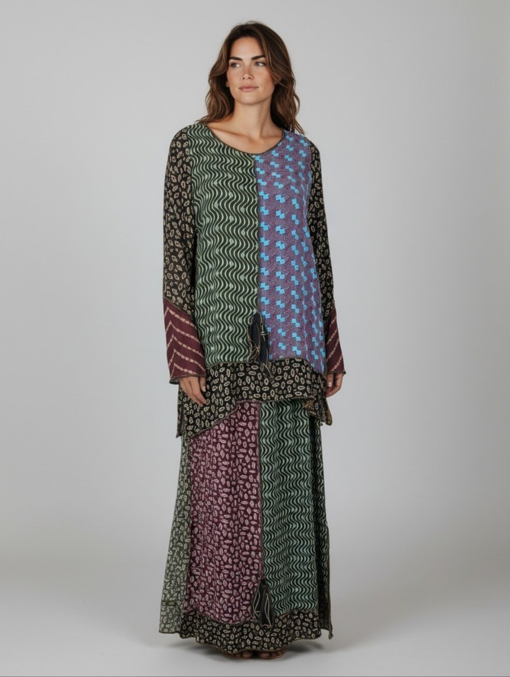 Nothing Matches Boho Colorblock Lagenlook Top and Skirt Set Pratical Magic VTG